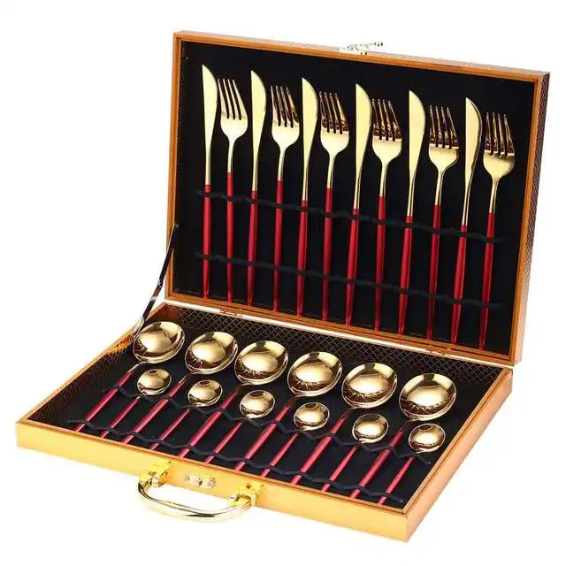 

Tableware Set Gift Box Cutlery Knife Fork Dessert Spoon Coffee Spoon 24 Pcs Gold Flatware Dinnerware Sets, Multicolor