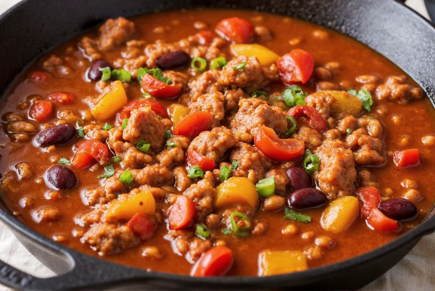 Diabetic chili recipe with lean ground turkey, kidney beans, and colorful vegetables in a cast iron pot