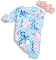 

Newborn Baby Girls Romper Jumpsuit Full Flower Long Sleeves Bodysuit Infant Toddler Headband Clothes Baby Girls Romper