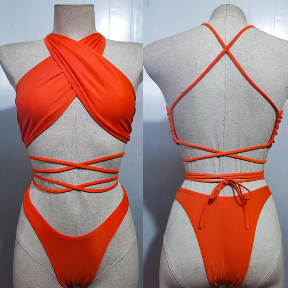 

2020 Fluorescent Green Orange Front String Tie Cross T Style Bikini Set Sequins Swimsuit Swimwear Two Piece Bathing Suit