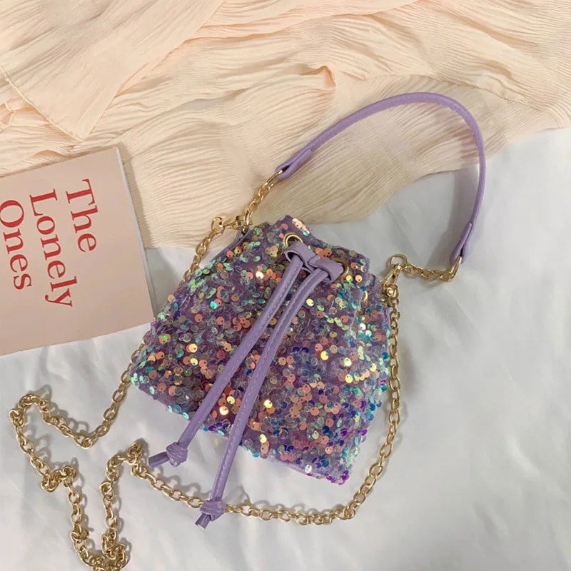 

2021 Fashion sequins mini bucket chain ladies hand bags shoulder crossbody bling purse luxury handbags for women, 4 colors
