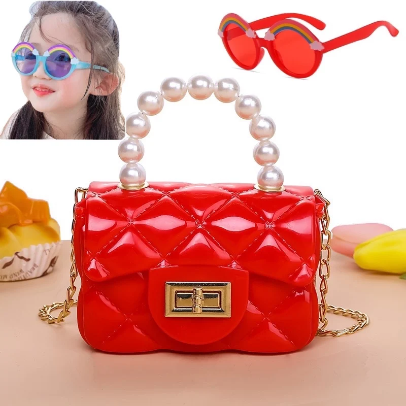 

2021 Hot selling Factory Trendy kids handbag mini jelly pearl bag purse set and sunglasses matching shades set for girls, Multi color