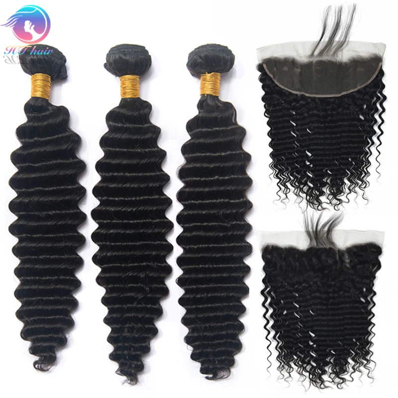 

Free Shipping 3 Bundles Deep wave Brazilian Hair Lace Frontal Closure Human Virgin Deep wave Brazilian Hair