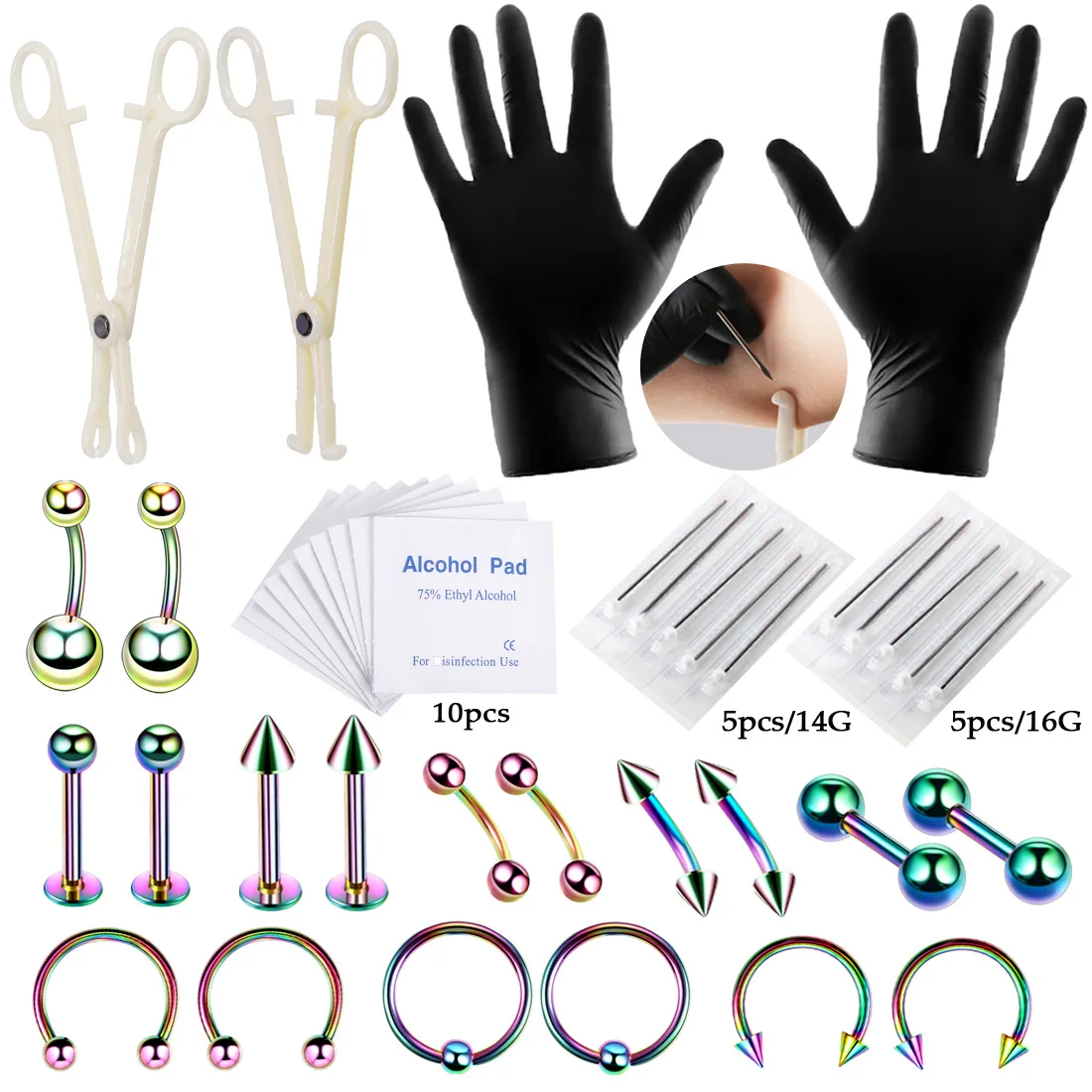 

Professional 42pcs Piercing Kit Navel Tongue Tragus Nipple Lip Nose Ring Body Jewelry Skin Piercing Tools