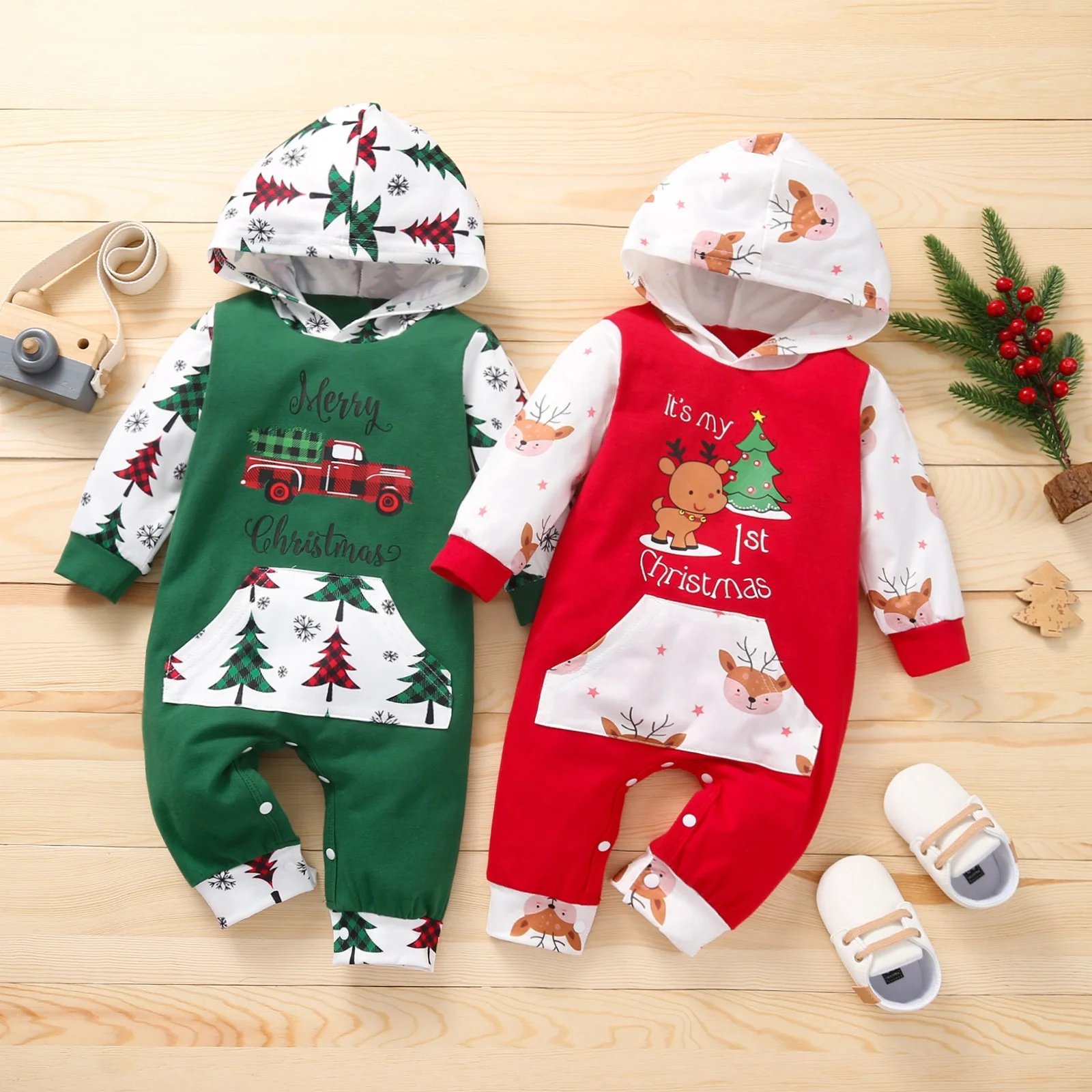 

Christmas Infants Romper New Born to 12 Months Long Sleeves Hooded Lovely Wholesale Baby Jumpsuits