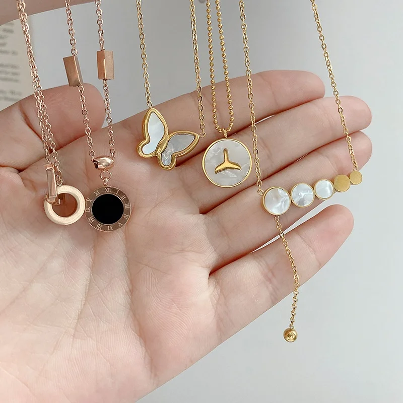 

2021 New Korean design 14K gold plated simple geometric black moon star butterfly zircon pendant stainless steel necklace