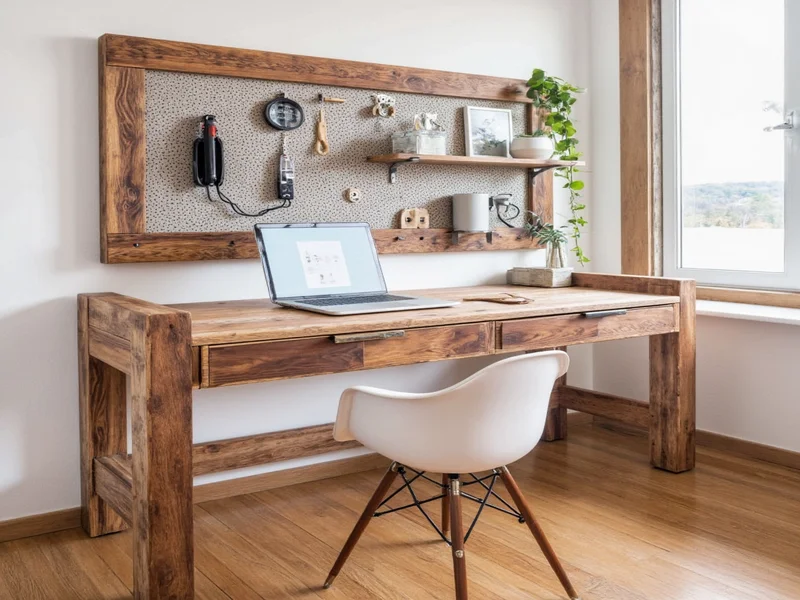DIY craft desk made from reclaimed wood with pegboard organizer
