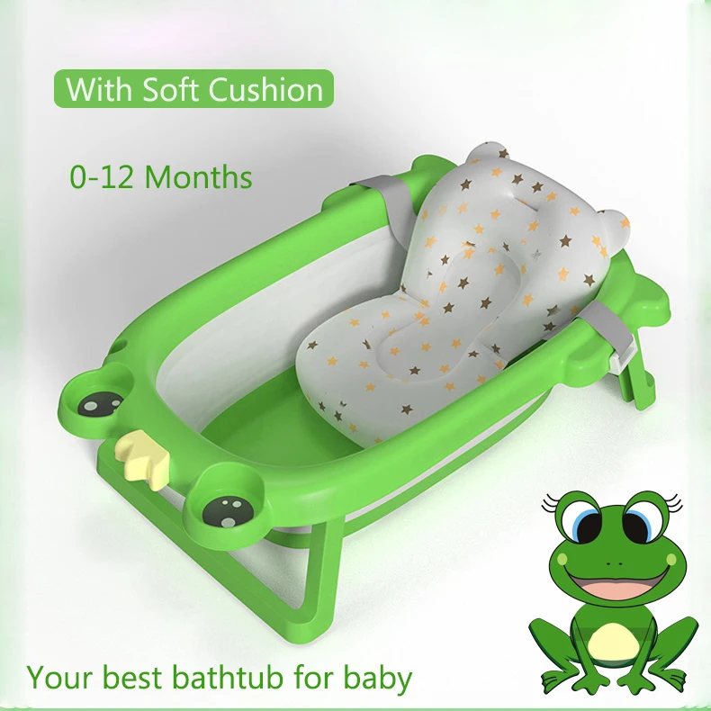 

BPA Free 2021 New Model Frog Cartoon TPE Foldable Newborn Baby Toddler Bath Tub With Cushion and Thermometer, Blue green pink