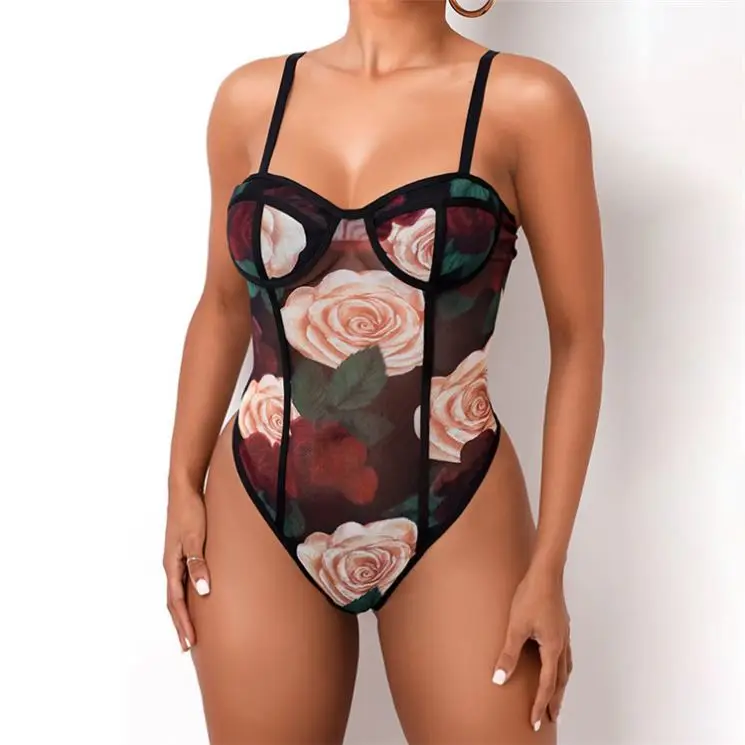 

Fashionable 2021 Spring And Summer Rose Flower Mesh Perspective Sleeveless Sexy BodySuit For Women Jumpsuit