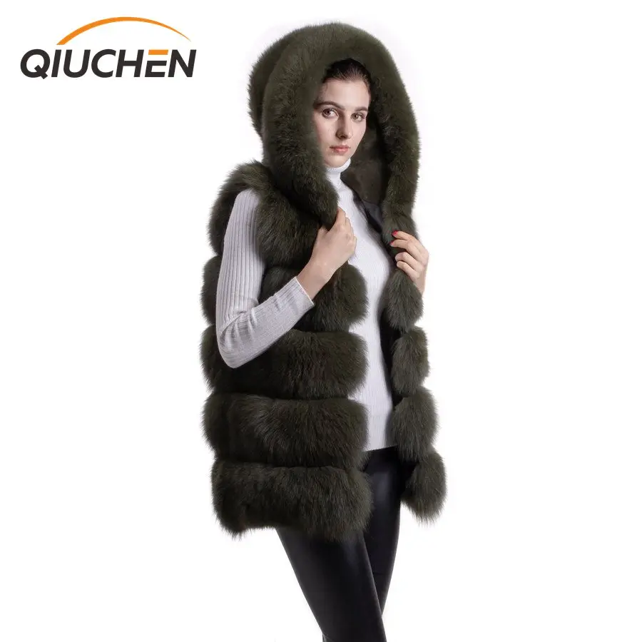 

QIUCHEN- QC8062 new women winter fur coat real fox fur vest with big hood genuine fur high quality fox gilet hot sale