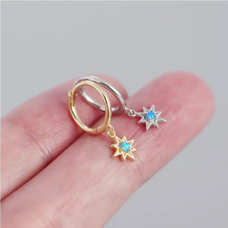 

Minimalist Trending Sterling Silver Jewelry Women Blue Opal Star Earrings Starburst Huggie Earrings Gift for her