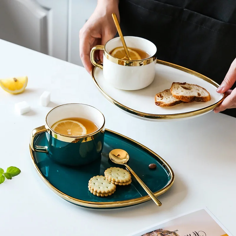 

Modern Style Golden Ring Ceramics Coffee Cup And Saucer Set Afternoon Tea Cup Coffee Cup With Biscuit Holder, Green,white or customized