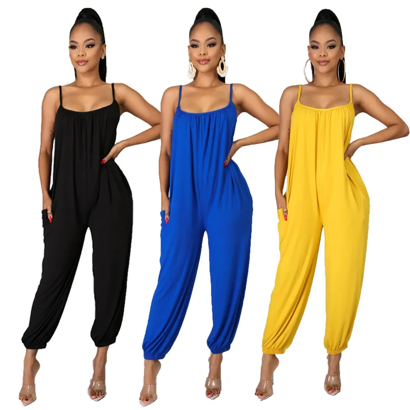 

Summer 2021  Summer Loose Romper Casual Simple Solid Women Sleeveless Sling Outfit Black Jumpsuits, Picture color jumpsuit