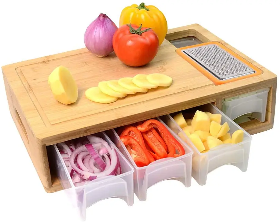 

Large Bamboo Cutting Board Meat Fruits Veggies Chopping Board With 4 Plastic Trays Draws, Natural