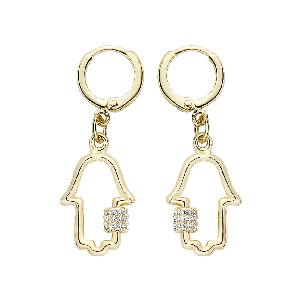 

Luxury 18K Gold Bling Micro Pave CZ Cubic Zirconia Hamsa Hand Drop Earrings Shiny Crystal Hamsa Hand Earring For Women