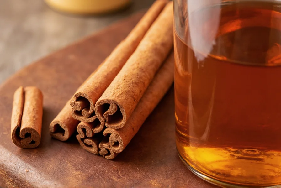 Close-up of applejack bottle next to cinnamon sticks on wooden bar surface