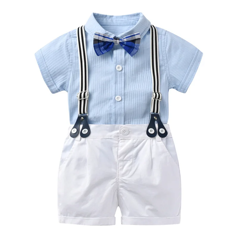 

KB8092 Cotton Formal Party Handsome Gentleman Shirt Strap Shorts Boys Outfit Kid Boy Clothing, White blue