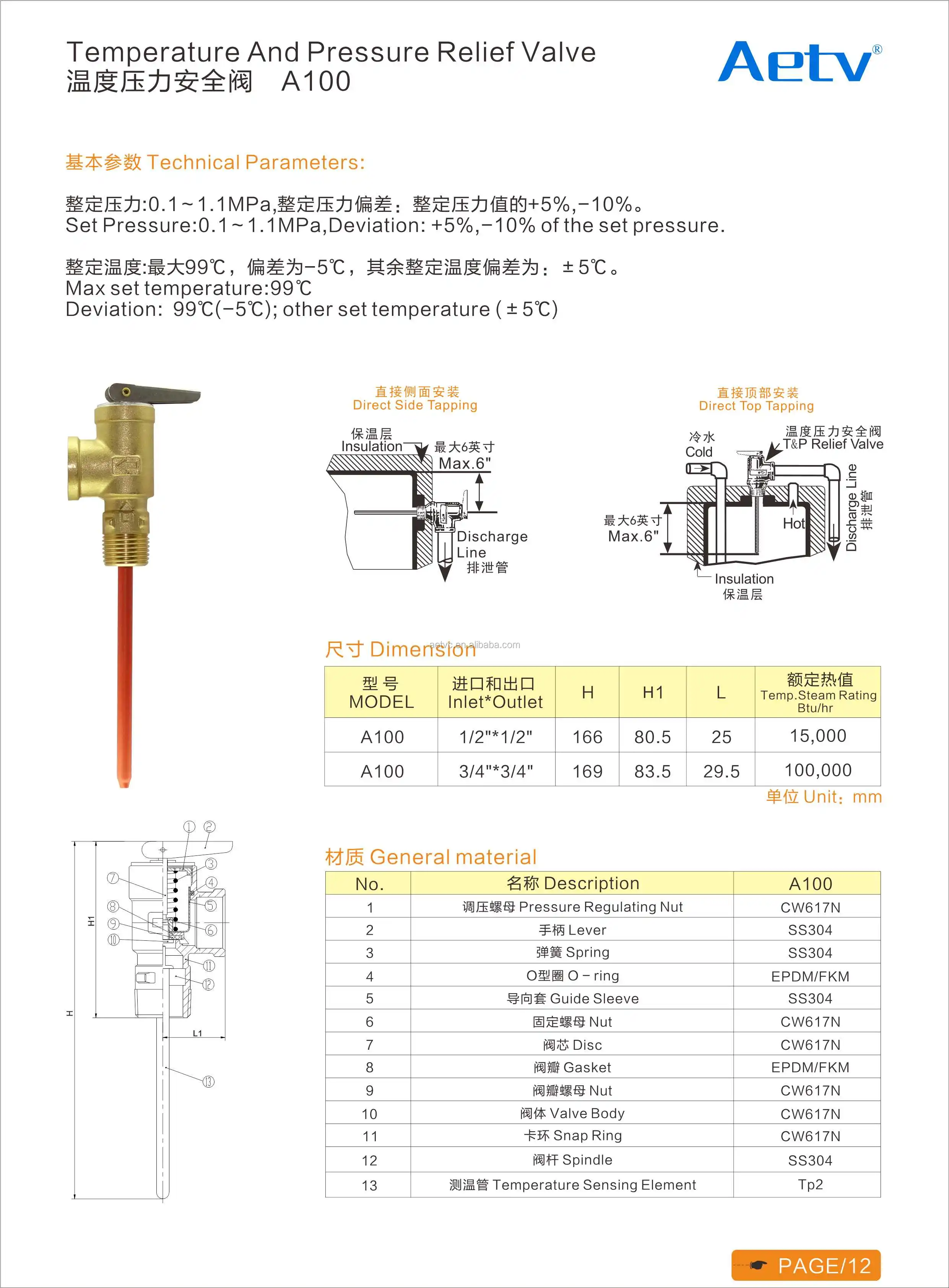 Water Heater T&p Valve Brass Temperature And Pressure Relief Valve