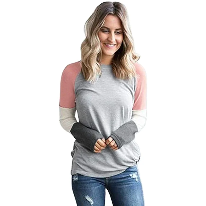 

Fashion Women Round Neck Long Sleeve Stitching Tops Blouse Casual T-shirt