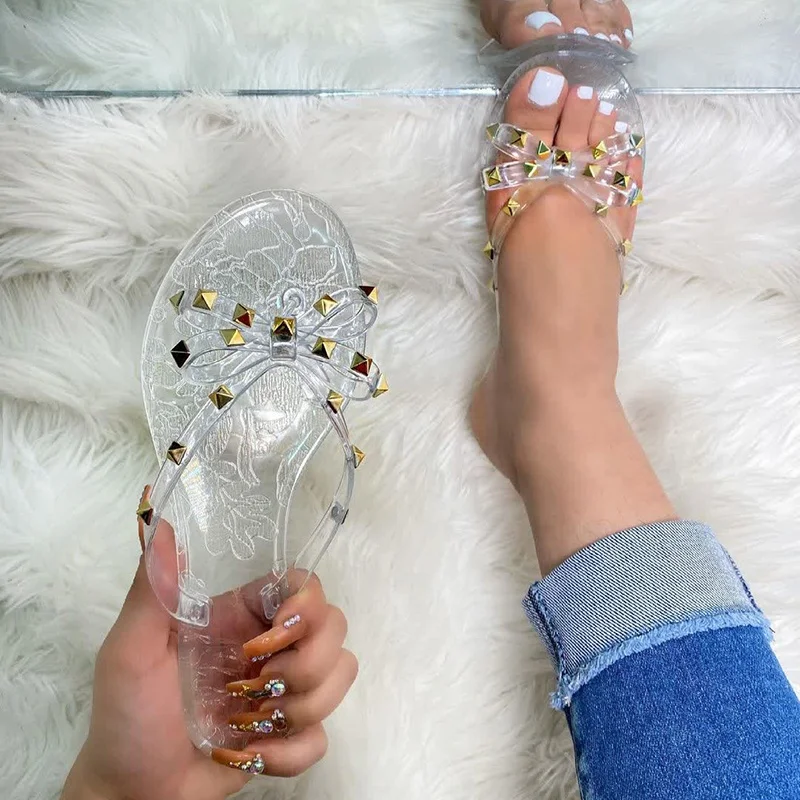 

MS01 Transparent Pvc Rivet Flip Flops For Ladies 2021 Clear Jelly Sandals For Women, As picture or custom