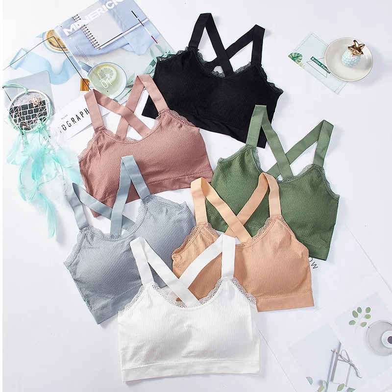 

Ladies Wide Strap Lace Padded Seamless Cross Back Sports Bra Top Fitness, 6 colors