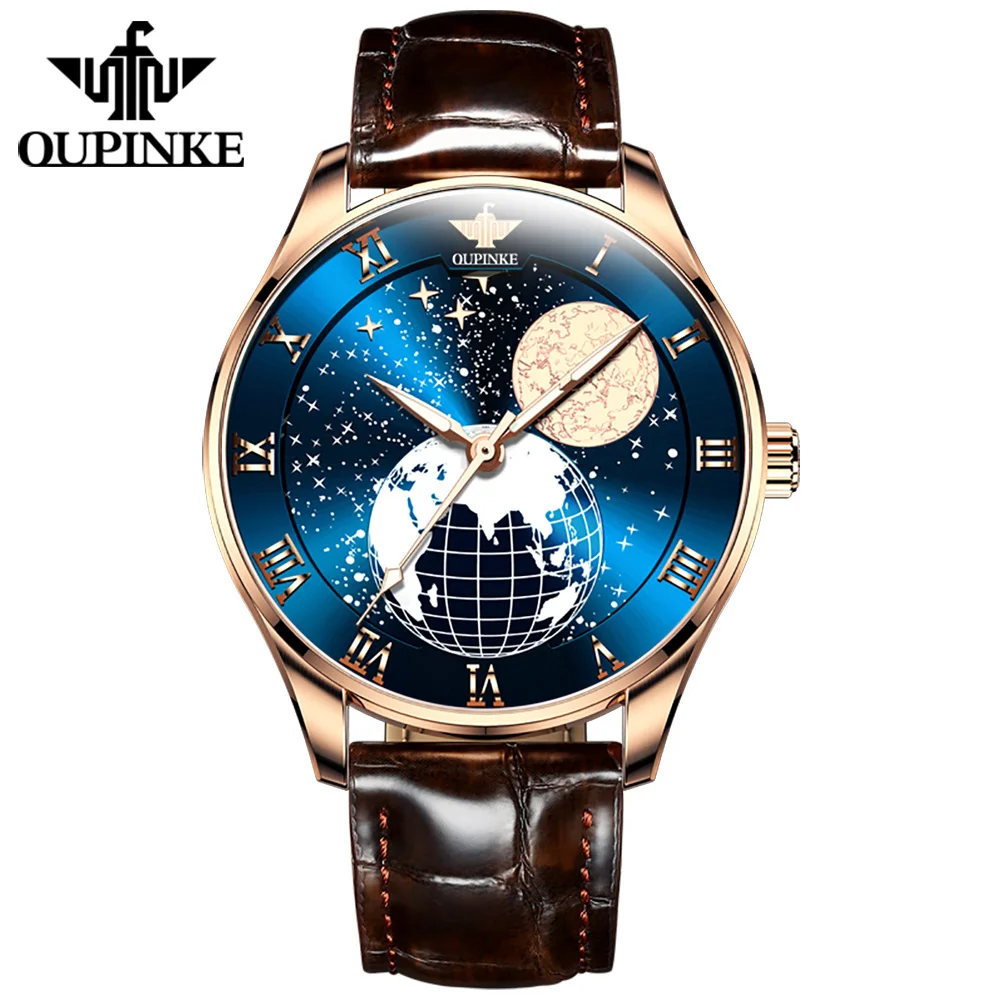 

Oupinke 3177 OEM Starry Sky Moon Phase Sapphire Crystal Glass Automatic Leather Business Male Mechanical mens wrist watch