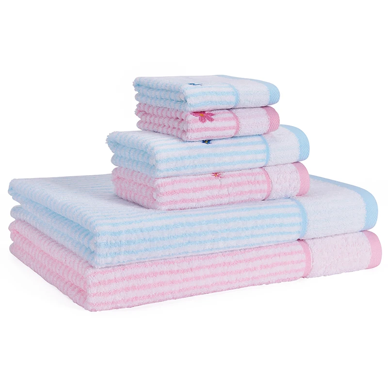 
China wholesale 100% cotton cheap towel 3pcs as 1set pink stripe soft towel wholesale towels cheap household goods 