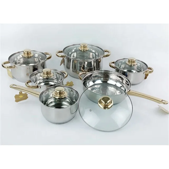 

Stainless Steel 12Pcs European Home Cookware Set Cooking Pots And Pans with glass cover Multipiece cookingware set, Natural