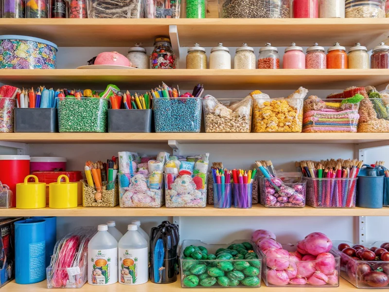 Organized craft supplies in rainbow color order on shelves