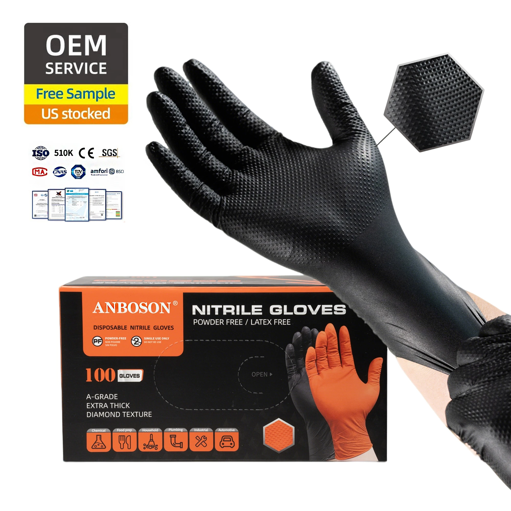 8mil Black Rubber Heavy Diamond Grip Disposable Industrial Working Gloves Nitrile Powder Free
