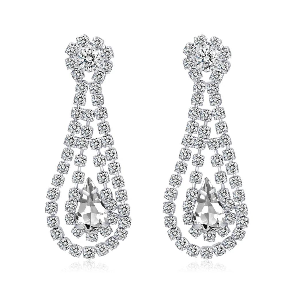 

Wholesale New Trendy Women Fashion Engagement Stud Wedding Earring Jewelry White Crystal Dangle Earrings For Bride