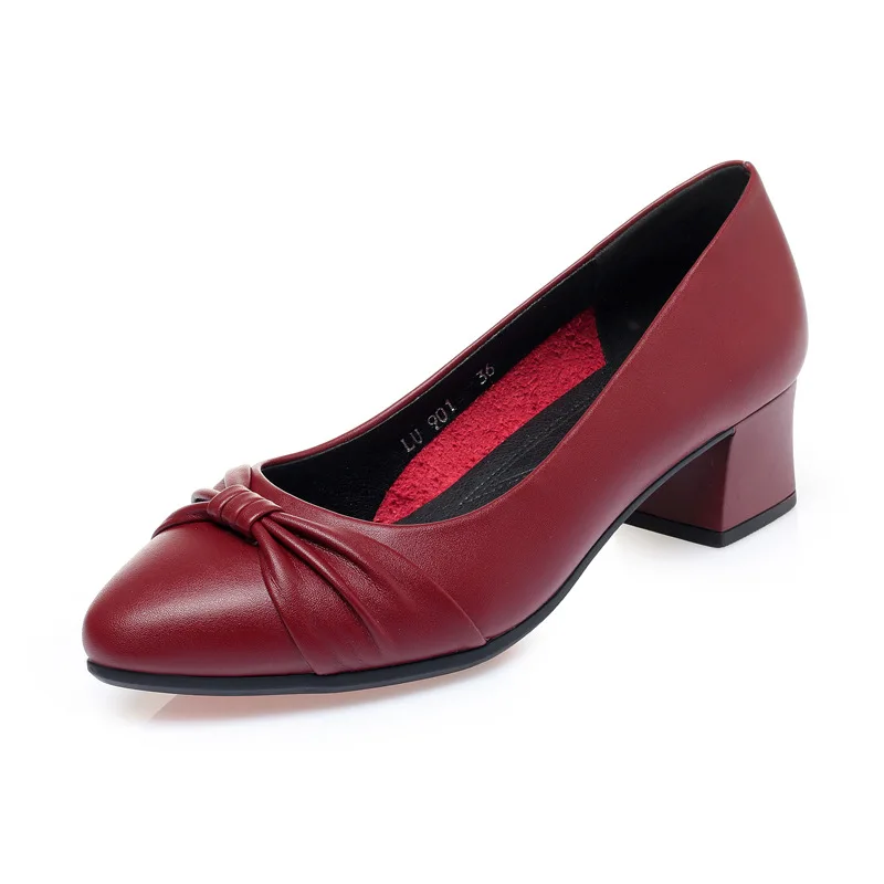 

Factory Sale Simple Ladies Work Shoes Solid Color Leather Pointed Bow Block Heel Shallow Mouth Women Casual Shoes