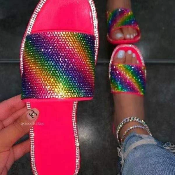 

Summer Fashion Bling Bling Rhinestone Plus Size Slides Slipper Sandals For Ladies, Customized color
