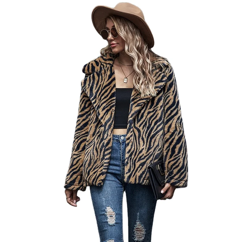 

European and American hot selling women's ins fashion lapel long sleeve jacket women Faux Fur Coat, Tiger pattern