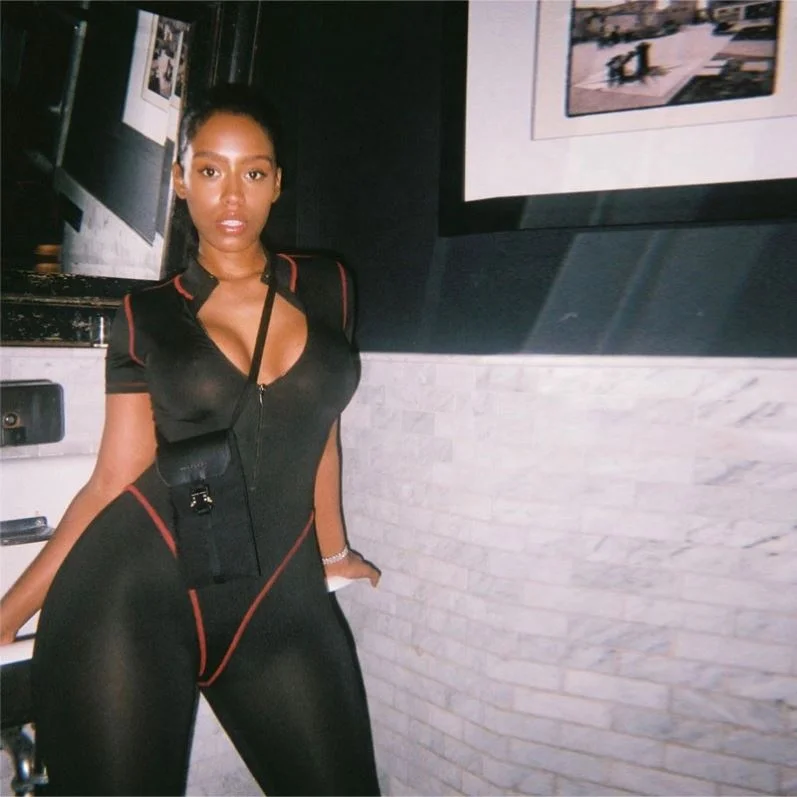 ready to ship black zipper active one piece tight sports jumpsuit for women