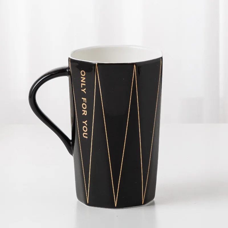 

Nordic Creative Golden LIne Ceramic Mug Streak Coffee Mug with Spoon and Lid, As pictures