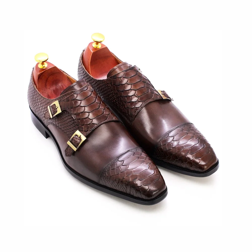 

High-end luxury crocodile pattern pointed buckle men's leather shoes banquet dress, Brown
