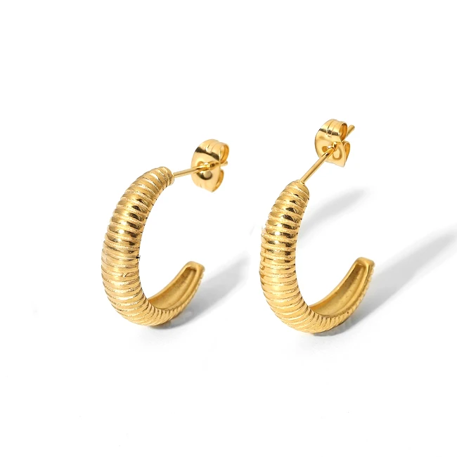 

Wholesale 18K Gold Plated Stainless Steel chunky CC Shape textured Croissant Hoop Earrings for women