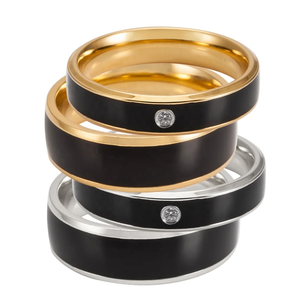 

WOLLET Two Tone Stainless Steel Engravable Engagement Wedding Couple Rings for Her and Him, Black & gold