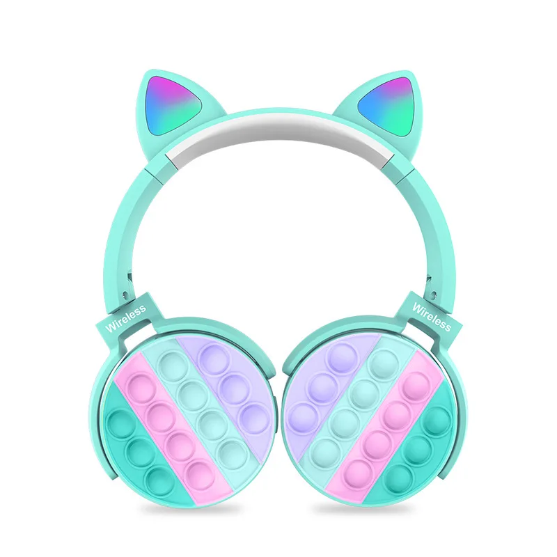 

2022 toddler adults purple cat head pop it bubble fidget wireless headphone silicone pops push pop it headphone with led light, Rainbow