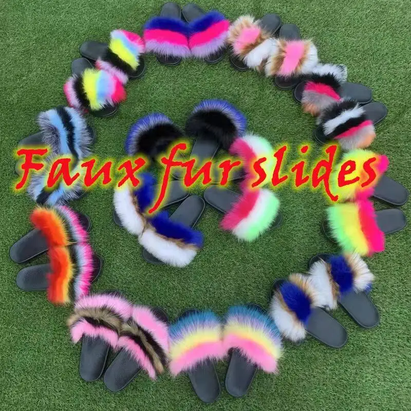 

Manufacturer direct fashion color Fox faux fur slipper big fur slide fluffy girl sandals, Customized