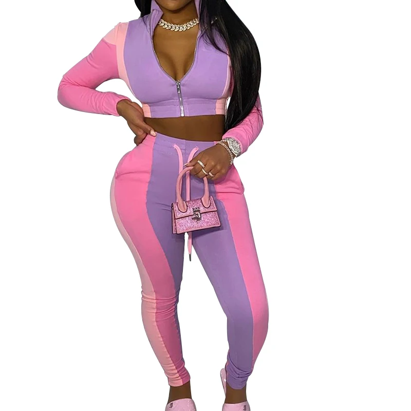 

New Women's Fashion Chic Sexy Contrast Color Bodycon Slim Casual Top and Sports Pants Two Piece Set