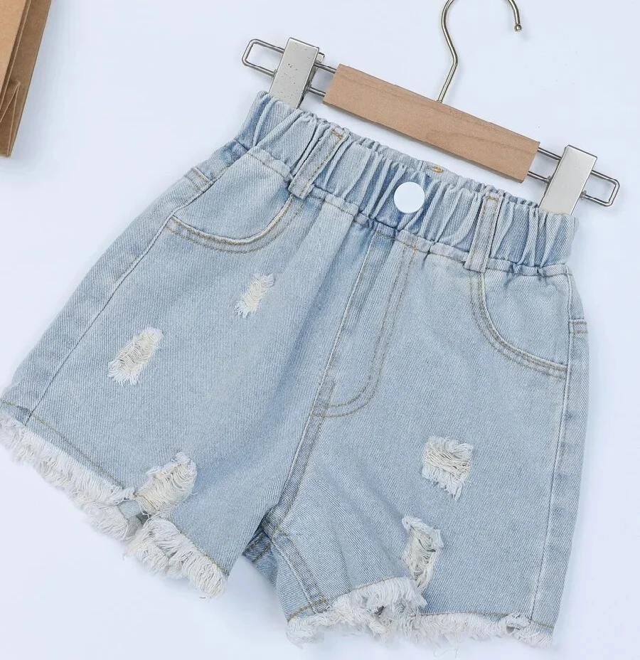 

Mysweeby shein hot sale summer kids jeans shorts hole design 100% cotton fabric fashion casual kids girls' shorts