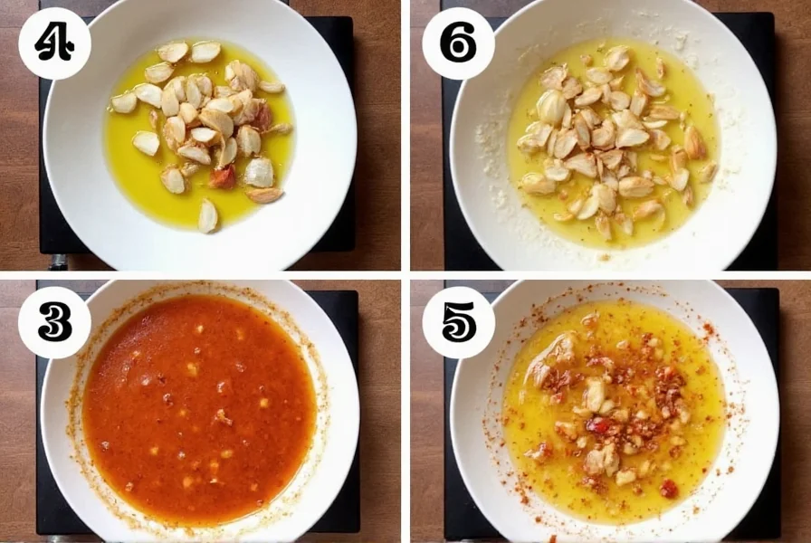 Step-by-step preparation of homemade chili garlic crunch showing garlic slices frying in oil with red chili flakes
