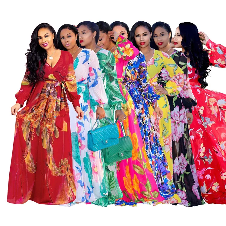 

LF-44 African Clothing Floral Printed Maxi Dress Long Sleeve Womens Plus Size Dress Fashion Summer Dresses Women Casualfu, 12 colors