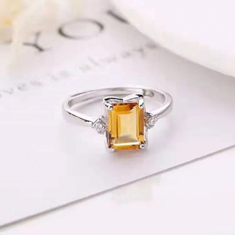 

popular party crystal jewelry women 925 sterling silver 18k white gold plated 6x8mm natural yellow citrine ring