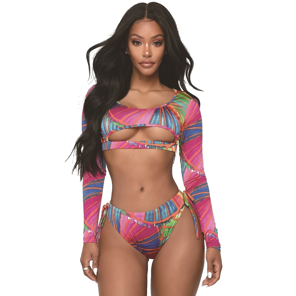 

Printing Long Sleeve Round Neck Hollow Out Bikini Sets Bandage Women Cut out Surfing Rash Guard