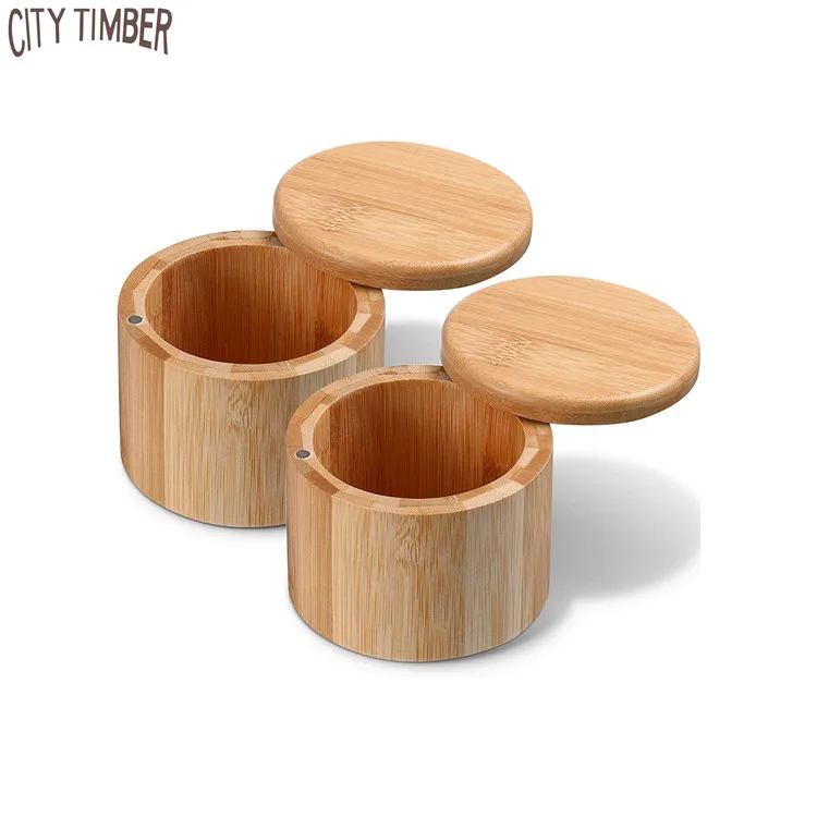 

eco friendly 2 pieces for 1 set round shape bamboo wood pepper box salt container spices storage box with magnetic swivel lid, Natural bamboo color