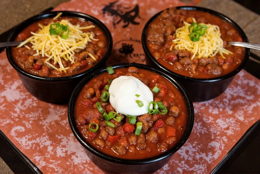 Three regional variations of beef chili served in cast iron bowls with different toppings