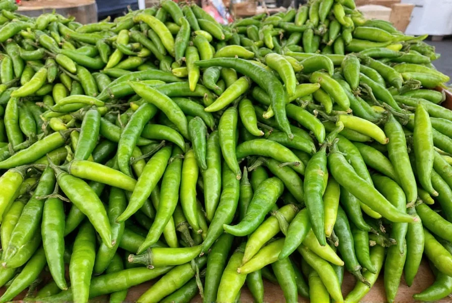 Freshly harvested Hatch green chilies piled high at a roadside stand in New Mexico valley